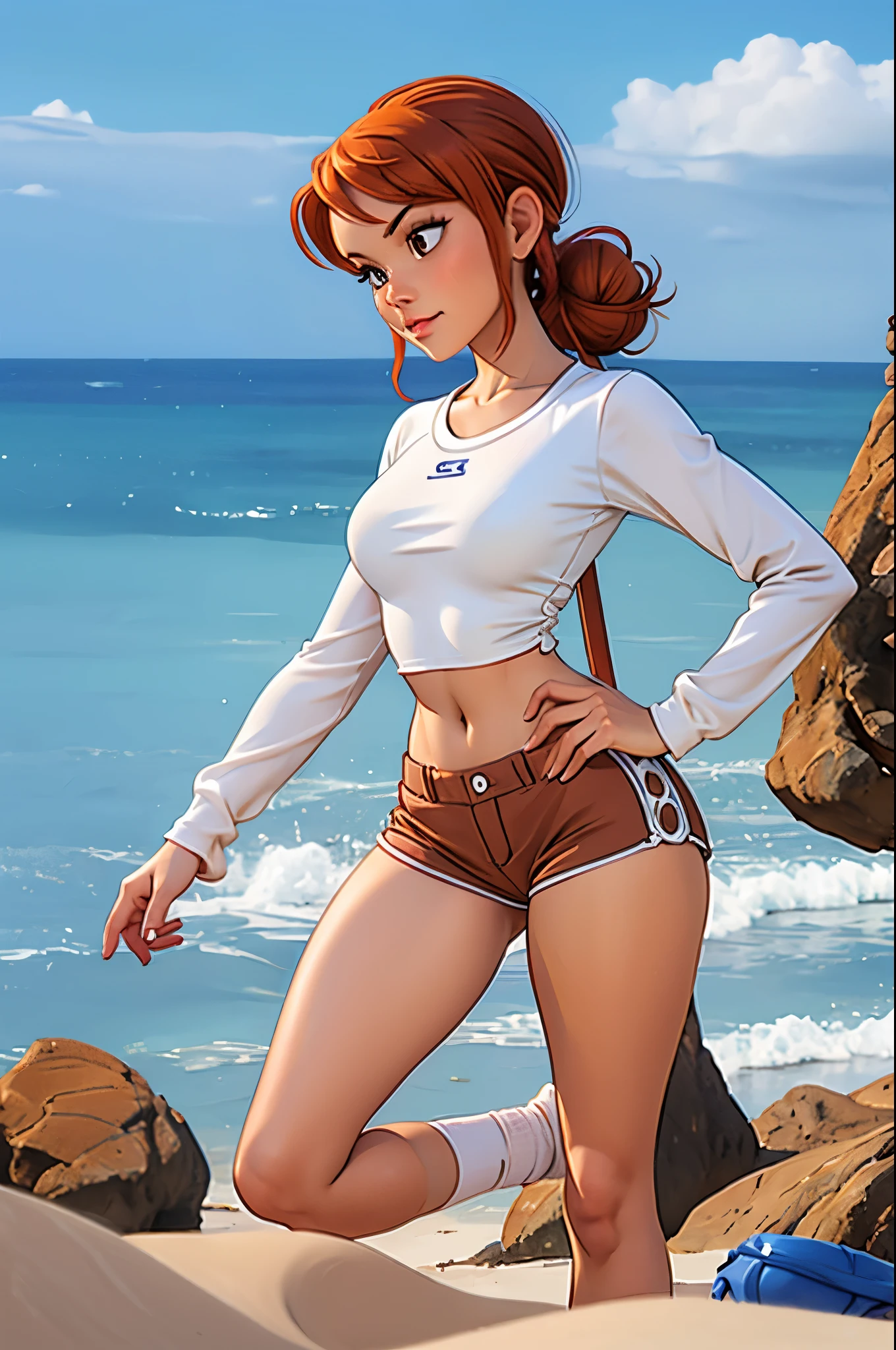 nami, sexy, at beach, one piece, hair in a bun, white crop top low cut long sleeve shirt, brown short shorts, white socks with sandals