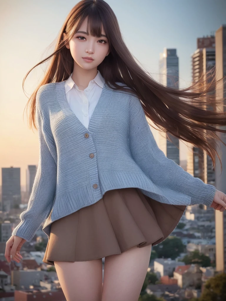 (RAW Photos, Highest quality), (Realistic, photo-Realistic:1.3), masterpiece, Very delicate and beautiful, Very detailed, CG, Unity , 2k wallpaper, wonderful, In detail, A light smile, Very detailed CG Unity 8k wallpaper, Large file size, Very detailed, High resolution, Absurd, Soft Light, (((Medium Hair:1.3), Short bangs, Brown Hair, Floating Hair NovaFrogStyle)), Beautiful detailed girl, Detailed fingers, Very detailed eyes and face, Beautifully detailed nose, Beautiful attention to detail, Long eyelashes, Light on the face, View your viewers, (Mouth closed:1.2), One girl, cute, young, Mature Face, (whole body:1.3), Realistic face, Realistic body, Beautiful thigh details, (Urzan-6500-v1.1:0.8), Private Server, Colored Cardigans, City in the background, (City view from the hill), Light blue shirt, (Black knee socks), ((mini skirt)),