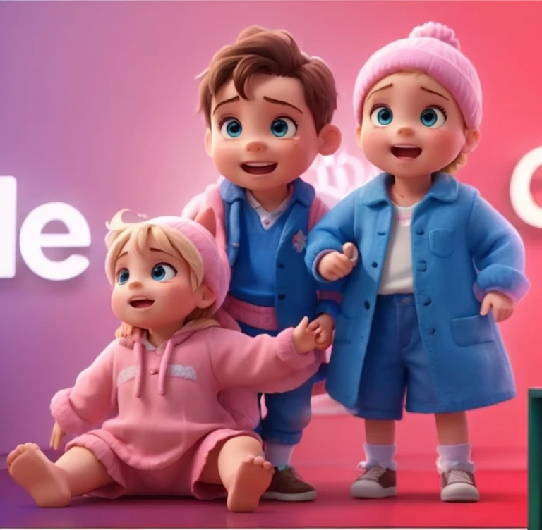 three children, two girls and one boy, baby girl sitting on the floor and the other two children standing, in the background two blue and pink lights, without the letters in the background