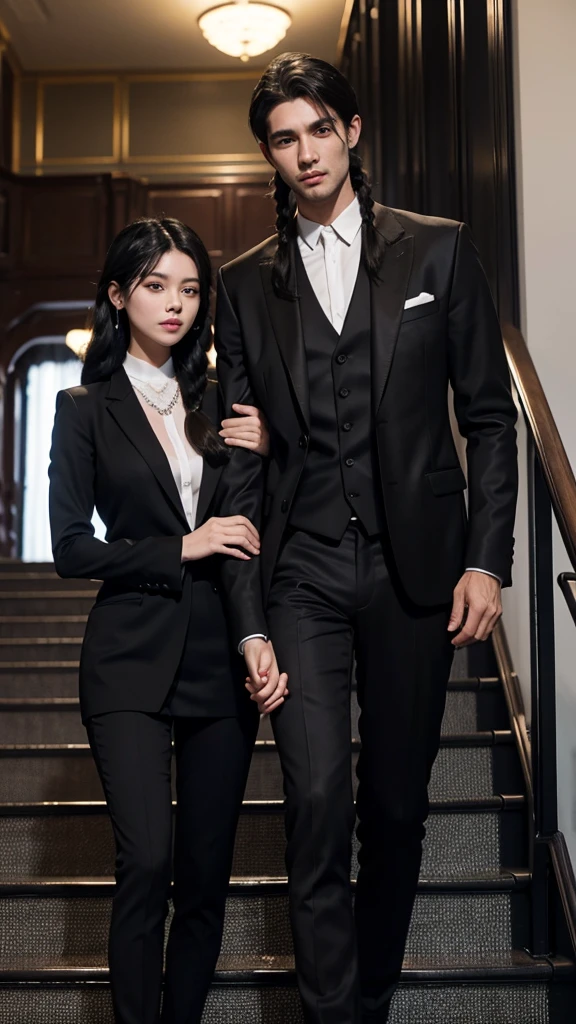 Couple. Handsome billionaire wearing a black suit, with clean haircut, is standing at the grand staircase with his beautiful girlfriend wearing sultry dress. Girl has long black hair in braids.