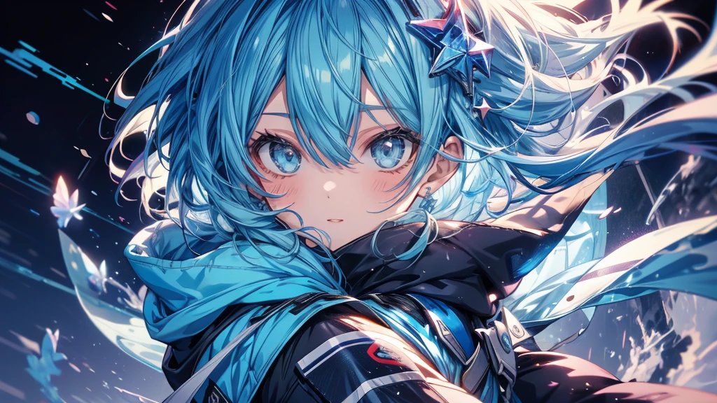 A photo of a girl with blue hair and a blue jacket, rimuru, estilo Anime 2d, RIMURU tempest&#39;Profile photo, RIMURU tempest, Anime 2d, fubuki, Overall photo of Rimuru Storm, short hair, Teal Hair Anime Girl, 2D Art, 2D Art, Ponytail Girl, Blue tie, White shirt, Indigo Jacket, brown belt at the waist..
