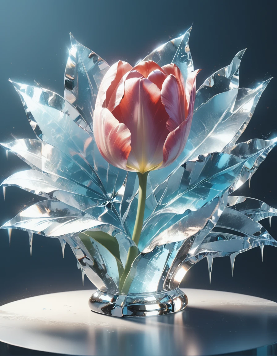 portrait of an ((ice sculpture of a 1single tulip flower: 1.5)), dynamic color icy tulip petals, dynamic background, vivid icy tulip, close up portrait, dynamic background, High Detail, Ultra High Quality, High Resolution, 16K Resolution, Ultra HD Pictures, 3D rendering Ultra Realistic, Clear Details, Realistic Detail, Ultra High Definition,rpg portrait, ice, NRART