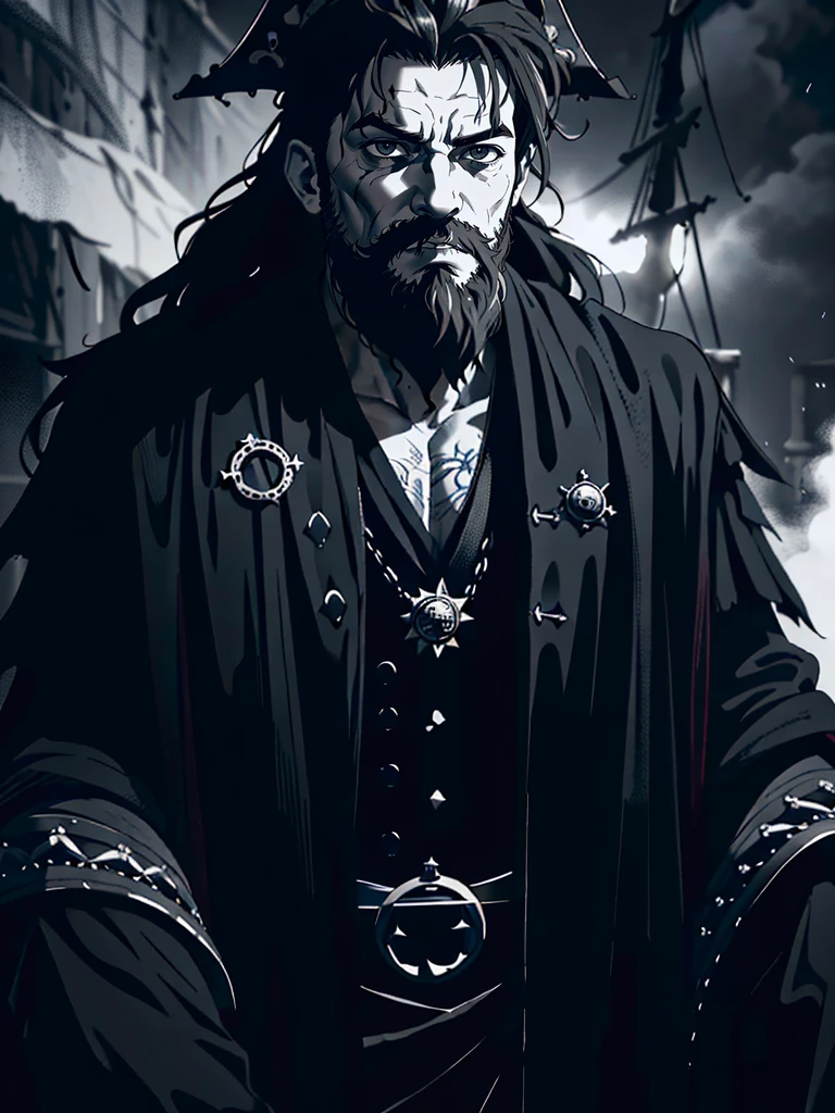 a psychopathic pirate king, detailed facial features, intense gaze directly at camera, full beard, dramatic lighting, dark and gritty atmosphere, cinematic composition, realistic and highly detailed, moody color palette, chiaroscuro lighting, (best quality,4k,8k,highres,masterpiece:1.2),ultra-detailed,(realistic,photorealistic,photo-realistic:1.37)