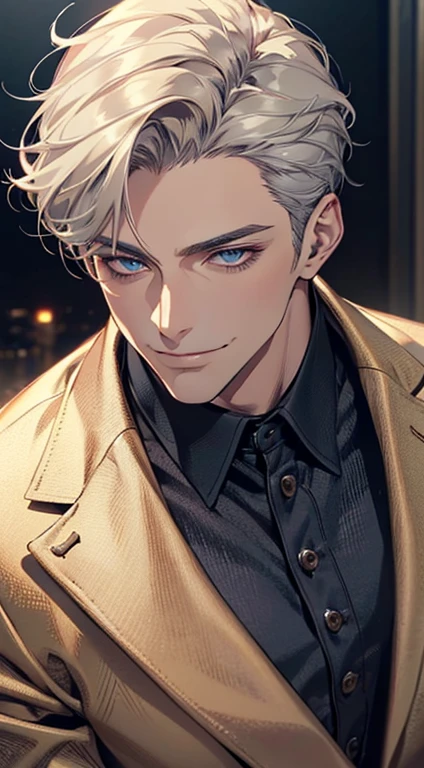a mature man, very handsome, short grey golden hair, blue eyes, perfect detailed facial features, buttoning his jacket, CEO, smile in love, (best quality, masterpiece, 8K, photorealistic, cinematic lighting, 1:4 hdr image, top view, ultra detailed, beautiful image)