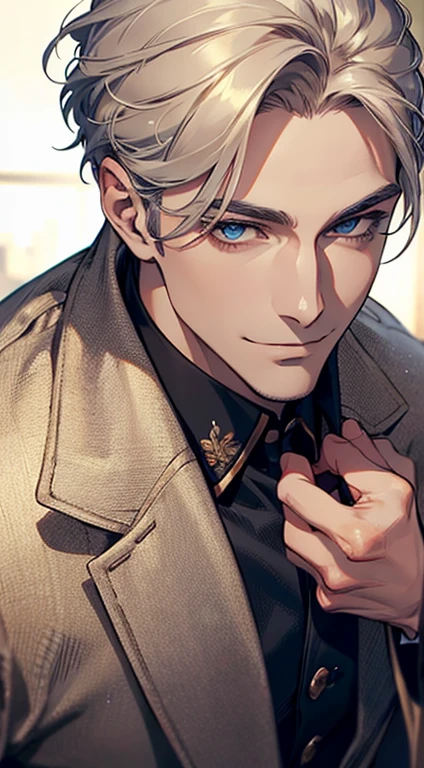 a mature man, very handsome, short grey golden hair, blue eyes, perfect detailed facial features, buttoning his jacket, CEO, smile in love, (best quality, masterpiece, 8K, photorealistic, cinematic lighting, 1:4 hdr image, top view, ultra detailed, beautiful image)