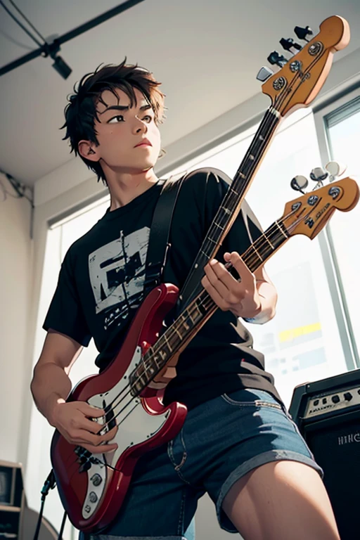 high angle photo of a strong young man playing the bass guitar, with writing in the background "iNotPlayerBass"