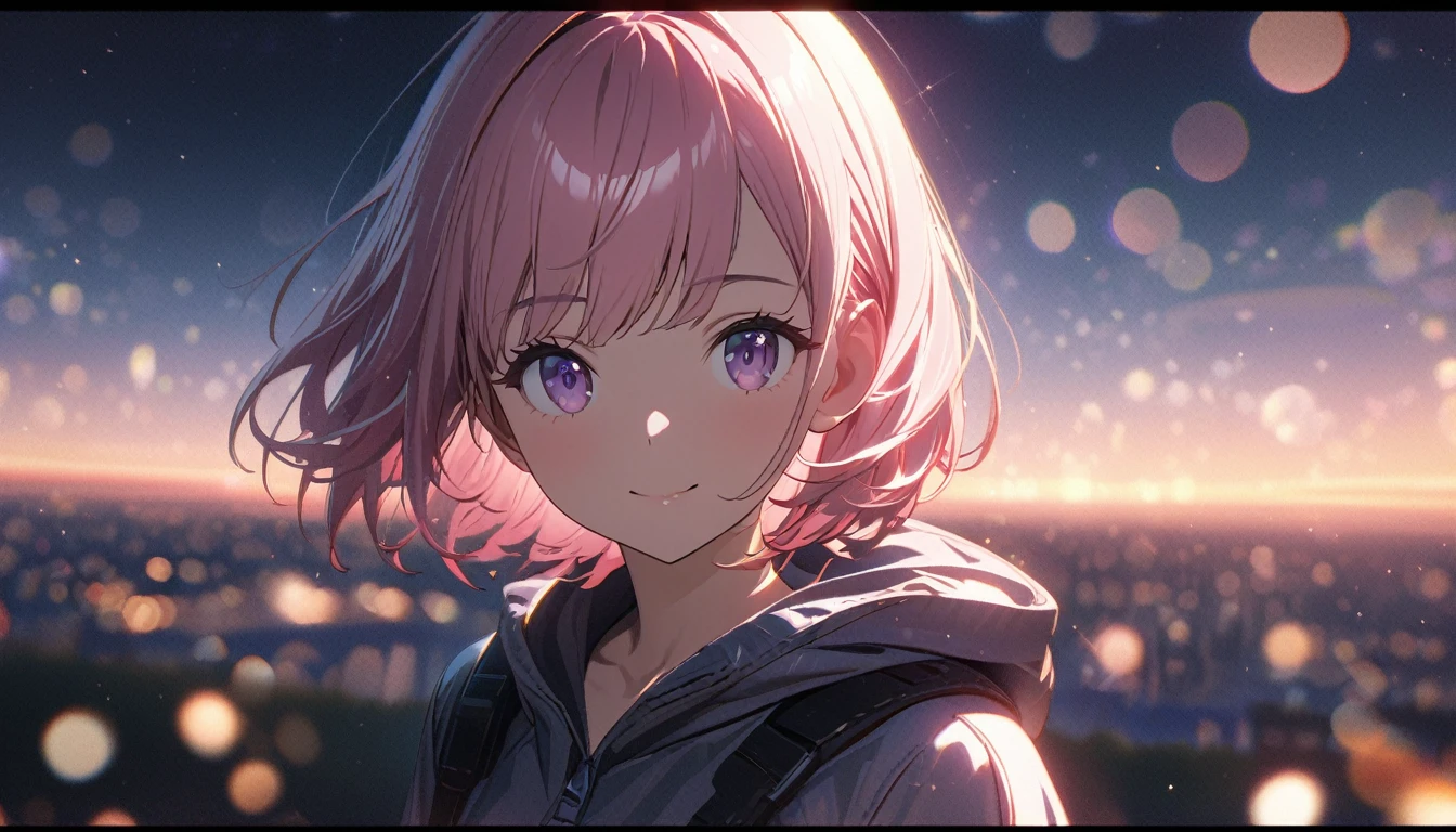one girl, short pink hair and bob hair.、beautiful purple eyes、smile、gentle smile on her face、flat chest, one Beautiful girl,((masterpiece, illustration, best quality) ((ultra-detailed))\evening sunset, 濃い青とBeautiful Blueのグラデーション, High resolution, 8K HD detail, hyper-detail, cinematic, surrealism, soft light, deep field focus bokeh, ray tracing and surrealism. --v6