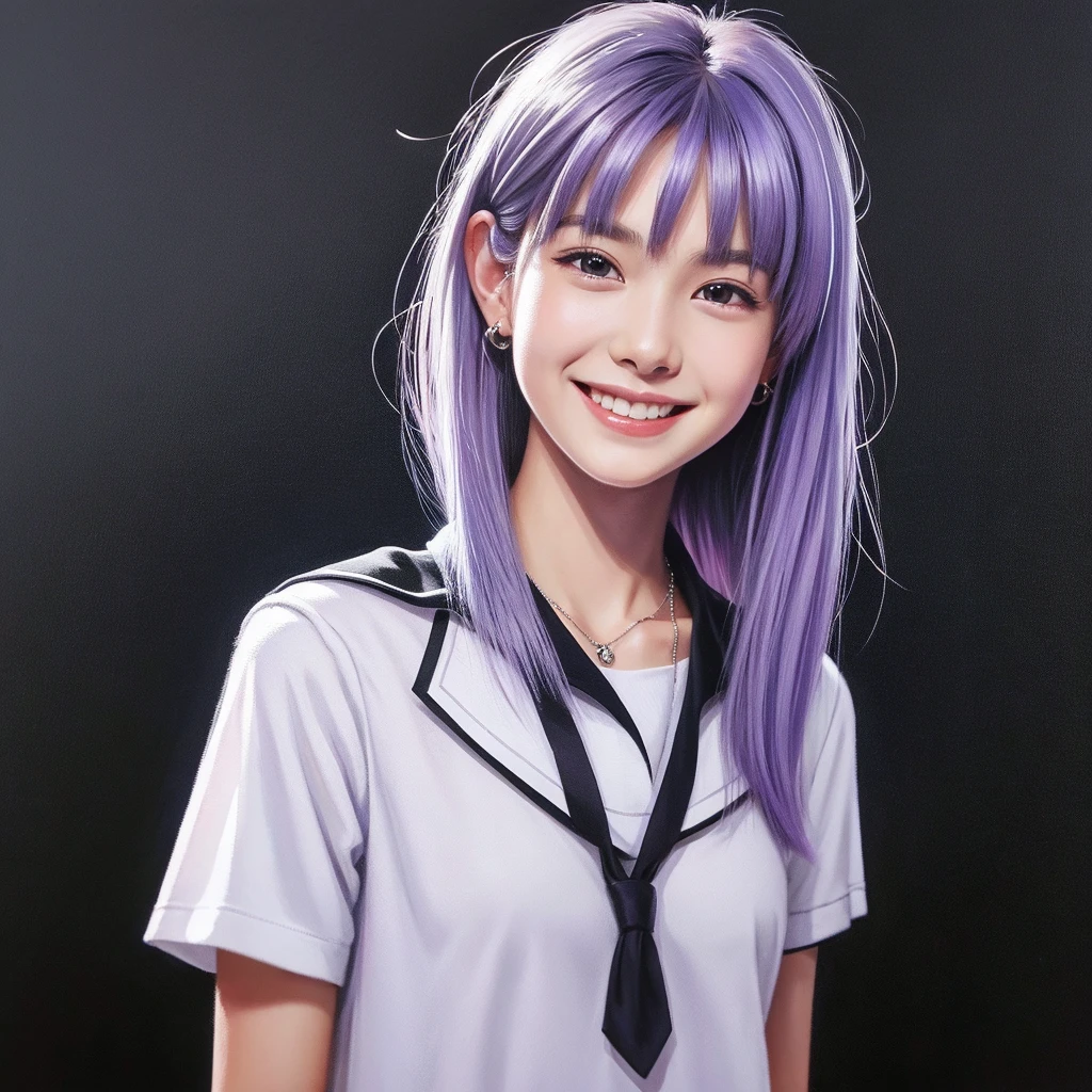 Masterpiece,1girl,solo,18y/o, light smile, metal necklace, white shirt, modern school uniform, accessories, two-tone hair color in purple and black, unique hairstyle, stylish, black background, 1hyper-realistic painting, super 8k HD, high quality, highest quality, 32k --v 6, 