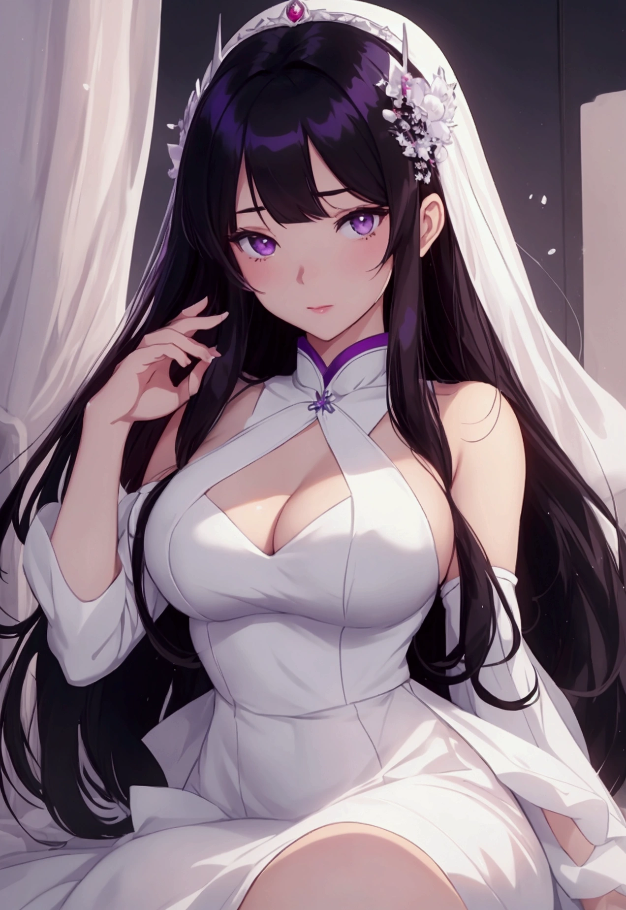 a closeup of a woman in a white dress and long black hair, king hymn as princess, rumiko, Misato Katsuragi, Gainax anime style, Purple eyes and white dress, seductive anime girl, anime goddess, ilya kuvshinov con pelo largo, Ikki tousen, Nico in a white dress, anime girl in a black dress