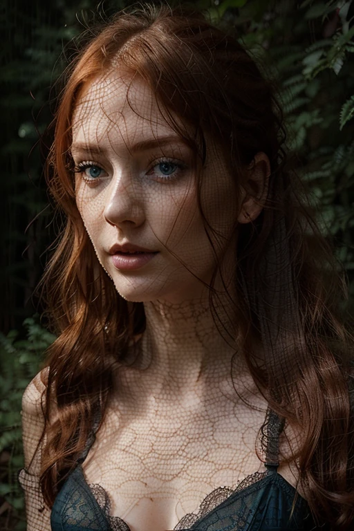 a slender redheaded woman with mid-length hair, blue eyes, wearing lace lingerie, in a forest, detailed eyes, detailed lips, extremely detailed face, long eyelashes, photo-realistic, 8k, high quality, cinematic lighting, warm color palette, dramatic lighting, intricate details, masterpiece