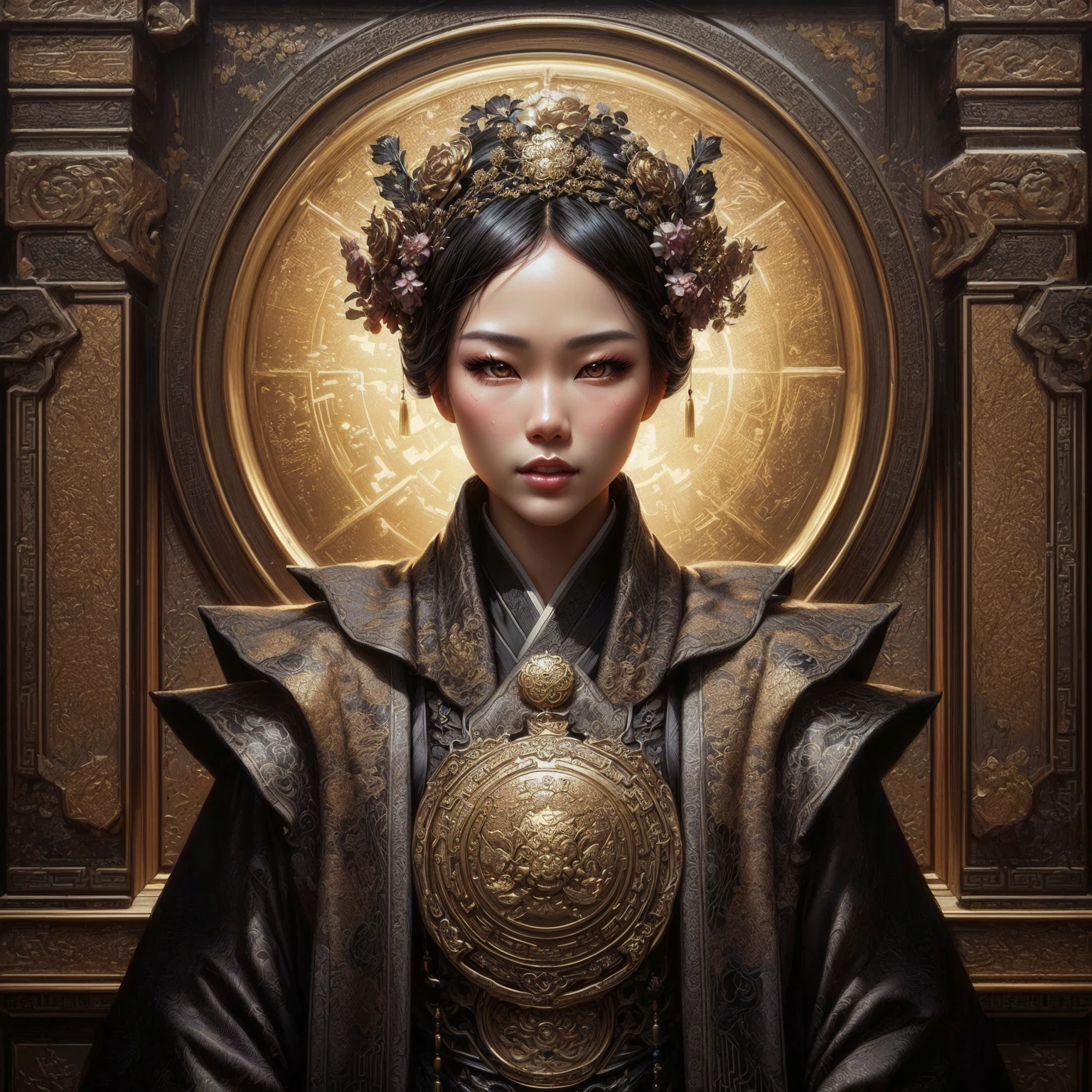 a painting of a chinese woman in a black dress with a gold medallion, by Jeremy Chong, artgerm julie bell beeple, yuri shwedoff and tom bagshaw, wlop and ross tran, 3 d goddess portrait, inspired by Chen Rong, by Raymond Han, imperial portrait, guweiz masterpiece, greg beeple