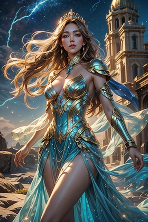 salvador、Messianic Beautiful Woman、Fantasiato、Beautiful and aesthetic、Colorful gemstones studded、Blue and golden dress、armor、tiara、Gauntlet、Big magic wand、Tall and attractive woman、Long, slender legs、The legs look beautiful、Perfect body、Perfect Face、Perfect Blue Eyes、Lustrous red lips、null、cloud、Wind、thunder、cloudの隙間から差し込む光、Professional Lighting