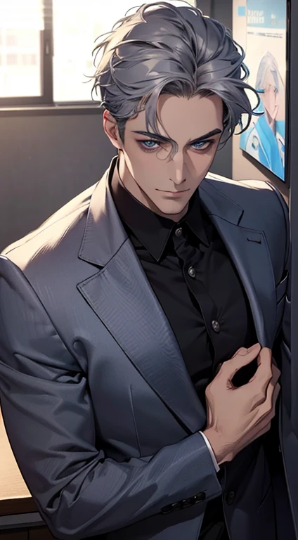 (best quality,4k,8k,highres,masterpiece:1.2),ultra-detailed,(realistic,photorealistic,photo-realistic:1.37),1 man,31 years old,mature man,very handsome,without expression,smile,short grey blue hair,blue eyes,penetrating gaze,perfect face without errors,imposing posture,businessman,office background,cinematic lighting,hdr image