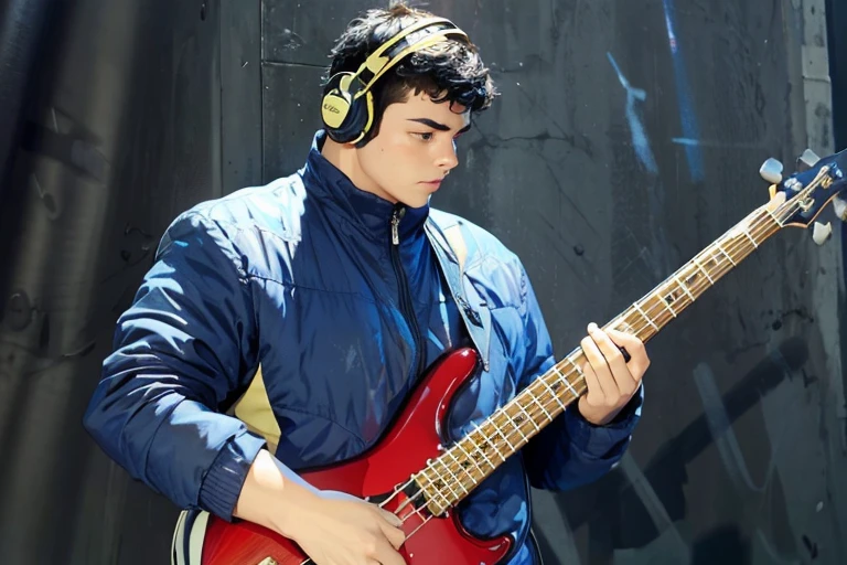strong young man playing bass guitar, with written background "iNotPlayerBass"