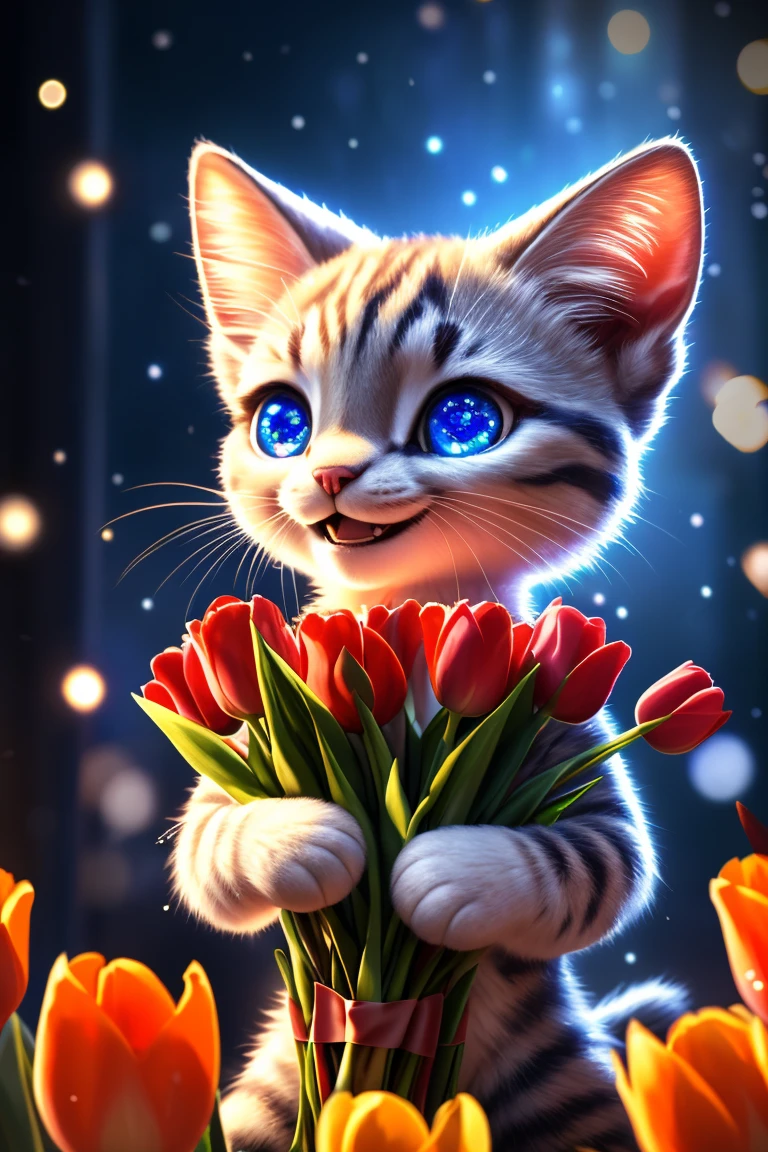 (Highest quality、masterpiece、8k))、Anatomically correct、Very detailed、High resolution、Realistic、Cinematic lighting、((Beautiful, sparkling, detailed eyes))、Intricate details、((Dynamic composition))、kitten、Big head、Present a bouquet of tulips、((Sparkling Smile))、A bouquet with love、present、Weather Rain、propose