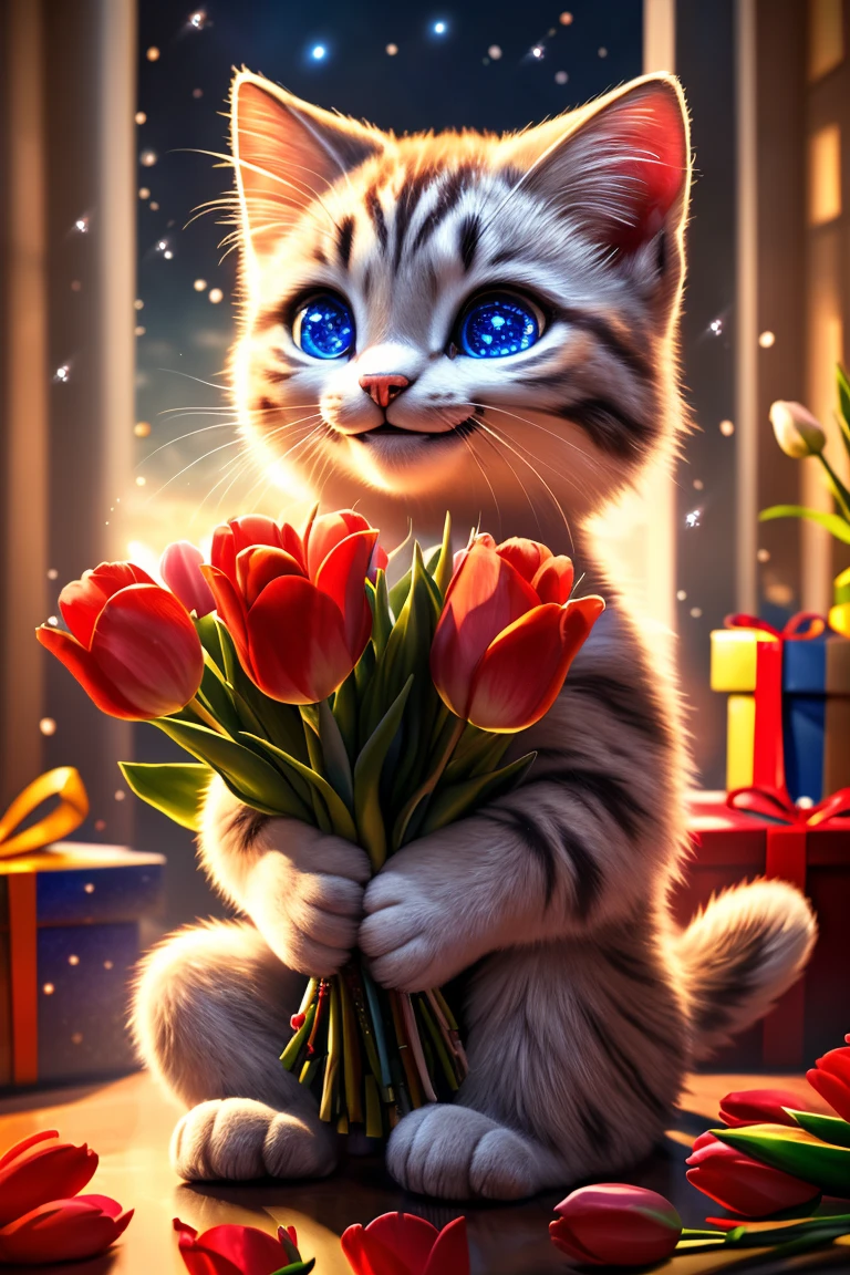 (Highest quality、masterpiece、8k))、Anatomically correct、Very detailed、High resolution、Realistic、Cinematic lighting、((Beautiful, sparkling, detailed eyes))、Intricate details、((Dynamic composition))、kitten、Big head、Present a bouquet of tulips、((Sparkling Smile))、A bouquet with love、present、Weather Rain、propose