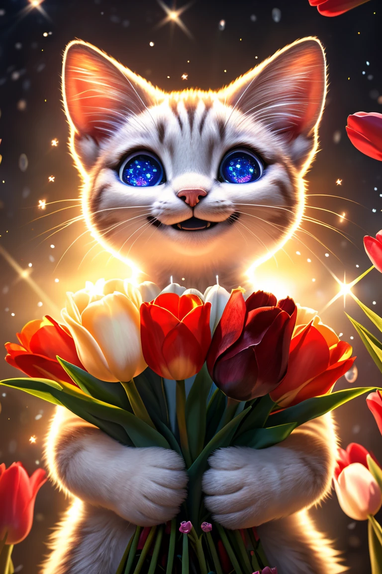 (Highest quality、masterpiece、8k))、Anatomically correct、Very detailed、High resolution、Realistic、Cinematic lighting、((Beautiful, sparkling, detailed eyes))、Intricate details、((Dynamic composition))、kitten、Big head、Present a bouquet of tulips、((Sparkling Smile))、A bouquet with love、present、Weather Rain、propose