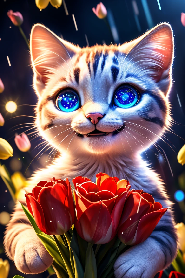 (Highest quality、masterpiece、8k))、Anatomically correct、Very detailed、High resolution、Realistic、Cinematic lighting、((Beautiful, sparkling, detailed eyes))、Intricate details、((Dynamic composition))、kitten、Big head、Present a bouquet of tulips、((Sparkling Smile))、A bouquet with love、present、Weather Rain、propose