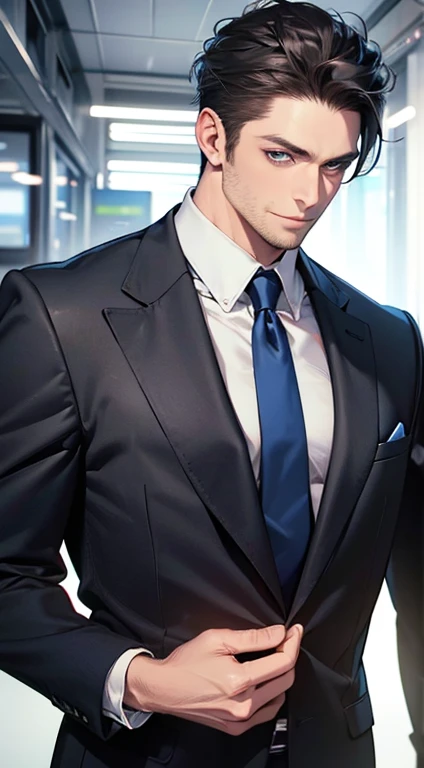 (best quality,4k,8k,highres,masterpiece:1.2),ultra-detailed,(realistic,photorealistic,photo-realistic:1.37),1 man,31 years old,mature man,very handsome,without expression,smile,short grey black hair,blue eyes,penetrating gaze,perfect face without errors,imposing posture,businessman,office background,cinematic lighting,hdr image
