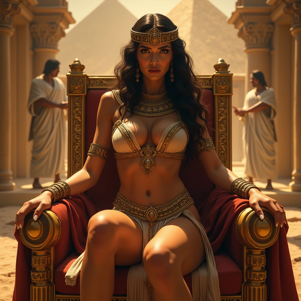 Queen Cleopatra, beautiful detailed woman with perfect curves, big round ass, great bosom, wearing a tight sexy outfit, sitting on a golden throne, pyramids and julius Cäsar in the background, oasis in the desert, dramatic lighting, intricate details, photorealistic, 8k, HDR, highly detailed, vibrant colors, cinematic composition, chiaroscuro lighting, dramatic shadows, warm color tones, professional digital art