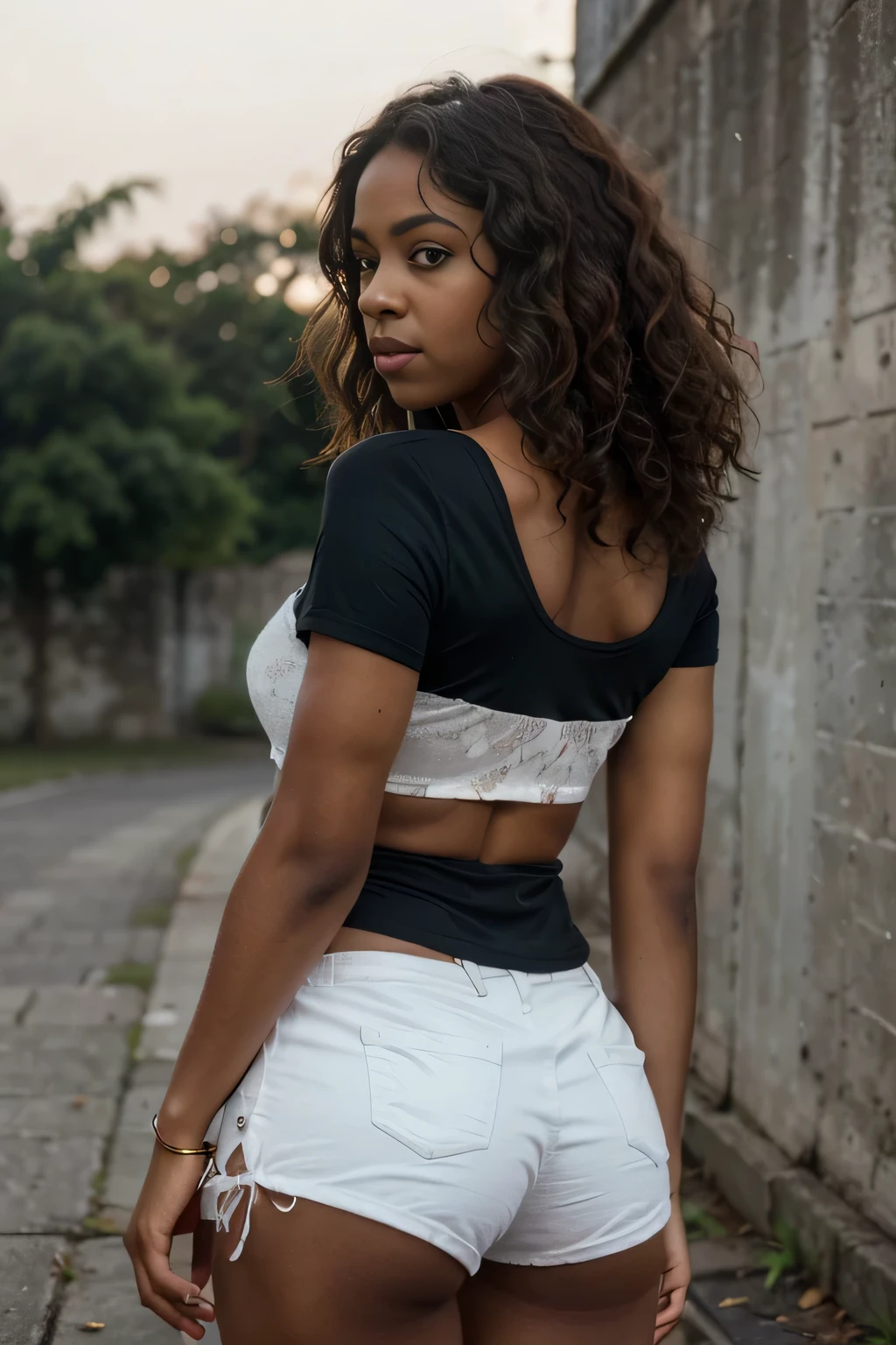 realisitic, best qualityer, work of art, realisitic ,(face detailed), detailed back ground,dramatic lighting,1 girl, greeneyes, curly brown hair, hair to the shoulders, (dark skin tone), shining skin, texture skin, breasts big, abdomen, Broad Hips, thick, muscular legs, very short shorts clinging, white t-shirt under the breasts, At a dead end, humid. incredibly detailed image.