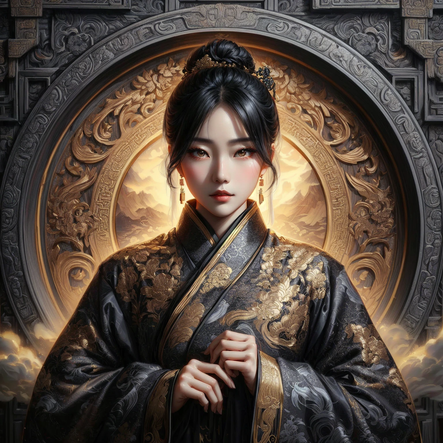 a painting of a chinese woman in a black and gold dress, ancient chinese goddess, a beautiful fantasy empress, ancient chinese princess, palace , a girl in hanfu, beautiful digital artwork, by Yang J, chinese empress, beautiful character painting, 8k stunning artwork, ancient chinese beauties, chinese princess, ancient china art style, chinese fantasy, japanese goddess