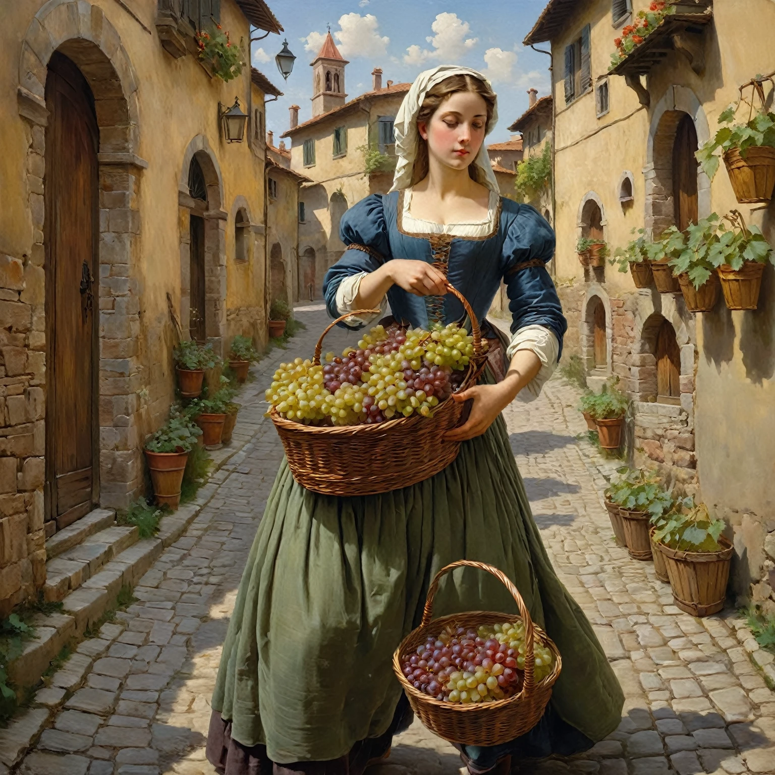 there is a woman holding a basket of grapes in a street, daniel ridgway knight, charles sillem lidderdale, danile gerhartz, by John La Gatta, renato muccillo, vitaly bugarov, by Guido Borelli da Caluso, renaissance digital painting, by Carlo Galli Bibiena, by Antonio Ciseri