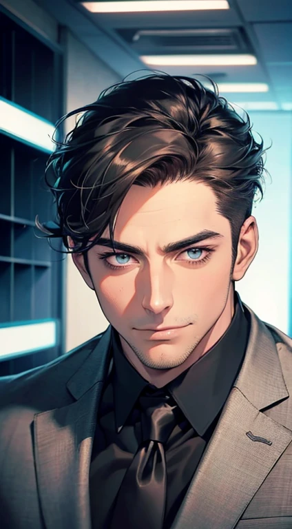 (best quality,4k,8k,highres,masterpiece:1.2),ultra-detailed,(realistic,photorealistic,photo-realistic:1.37),1 man,31 years old,mature man,very handsome,without expression,smile,short grey black hair,blue eyes,penetrating gaze,perfect face without errors,imposing posture,businessman,office background,cinematic lighting,hdr image