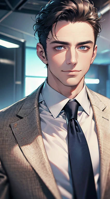 (best quality,4k,8k,highres,masterpiece:1.2),ultra-detailed,(realistic,photorealistic,photo-realistic:1.37),1 man,31 years old,mature man,very handsome,without expression,smile,short grey black hair,blue eyes,penetrating gaze,perfect face without errors,imposing posture,businessman,office background,cinematic lighting,hdr image
