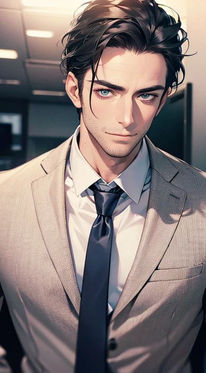 (best quality,4k,8k,highres,masterpiece:1.2),ultra-detailed,(realistic,photorealistic,photo-realistic:1.37),1 man,31 years old,mature man,very handsome,without expression,smile,short grey black hair,blue eyes,penetrating gaze,perfect face without errors,imposing posture,businessman,office background,cinematic lighting,hdr image