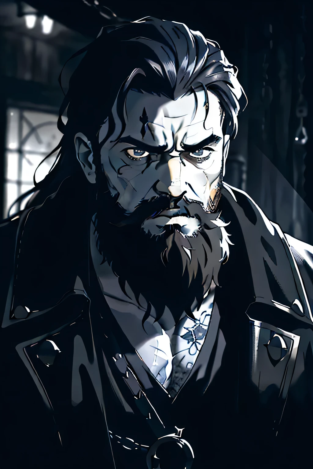 a psychopathic pirate king, detailed facial features, intense gaze directly at camera, full beard, dramatic lighting, dark and gritty atmosphere, cinematic composition, realistic and highly detailed, moody color palette, chiaroscuro lighting, (best quality,4k,8k,highres,masterpiece:1.2),ultra-detailed,(realistic,photorealistic,photo-realistic:1.37)