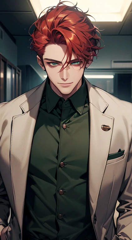 (best quality, masterpiece, 8K, photorealistic, cinematic lighting, hdr image, ultra detailed, beautiful image), a mature man, very handsome, smile, short grey red hair, green eyes, perfect face without errors, ((buttoning the jacket, CEO))