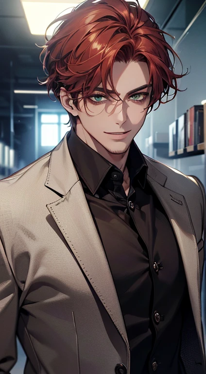 (best quality, masterpiece, 8K, photorealistic, cinematic lighting, hdr image, ultra detailed, beautiful image), a mature man, very handsome, smile, short grey red hair, green eyes, perfect face without errors, ((buttoning the jacket, CEO))
