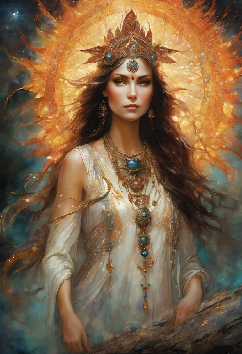 Here is an improved version of your invitation, which pays special attention to the clarity and expressiveness of the images, while maintaining the essence of the original description:
---
**Artistic concept: Mistress of the Copper Mountain**
In a secluded clearing, bathed in the soft light of ancient torches, stands a charming and beautiful shamaness, personifying a mystical presence. Inspired by Vasnetsov's artistic styles, she is depicted in a revered, unearthly appearance, radiating power and charm. When she casts intricate spells to the rhythmic beat of tambourines, her piercing gaze seems to penetrate deep into the soul, revealing hidden desires and cosmic secrets.
A watercolor painting should carefully outline the contours of her ancient medallion, which emits a protective, mystical light that drives away darkness. A mesmerizing flame dance is ignited around her, creating a tense and mysterious atmosphere. Twinkling lights are reflected in her charming eyes, resembling stars scattered across the boundless night sky.
Are you ready to enter this mystical realm and uncover the deep secrets of shamanic magic?
---
Feel free to change any elements to better match your vision!