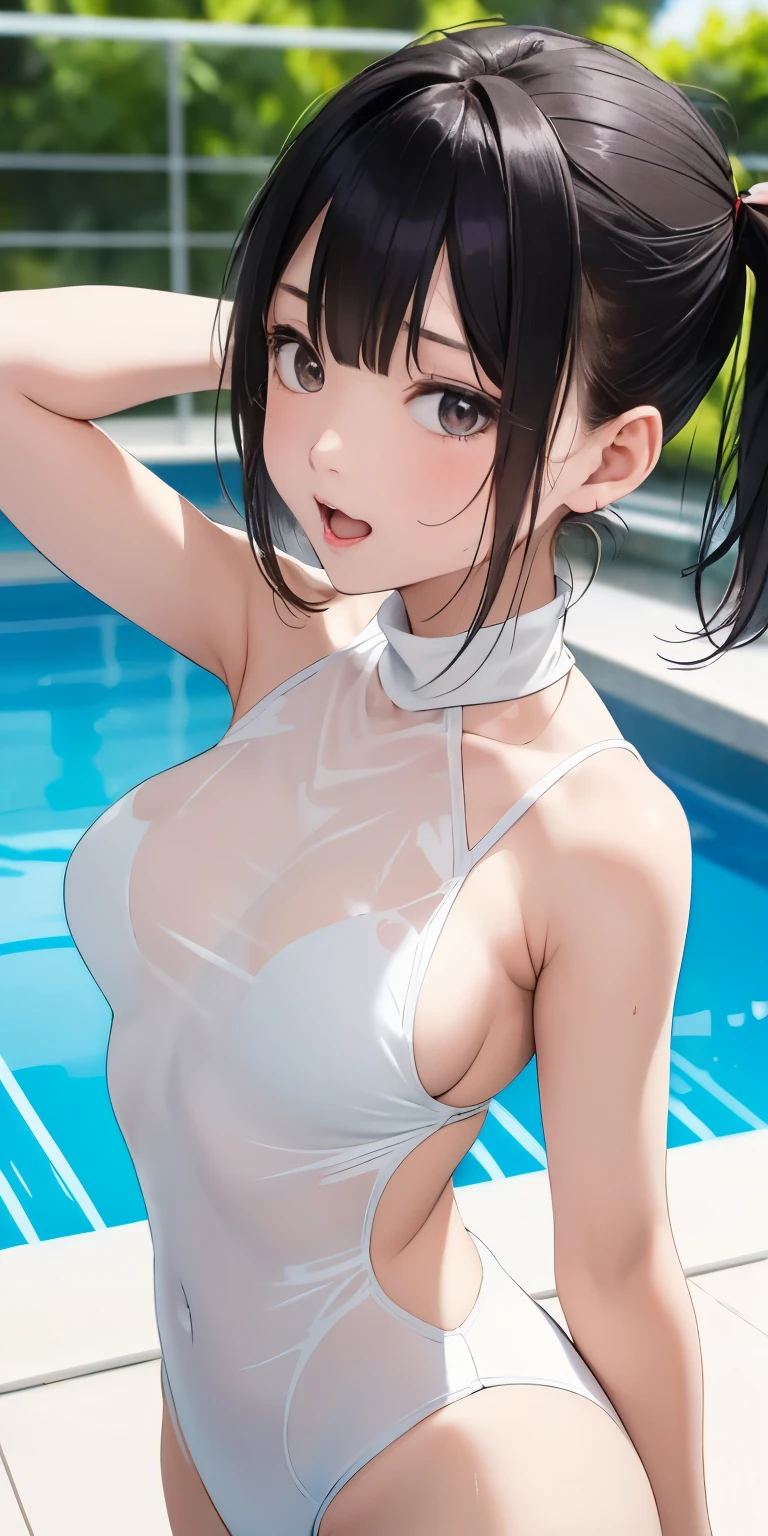 (( girl))、(Side boob exposure emphasis)、Wearing a white swimsuit、((your breasts will grow、))Black Hair、(See through)、your breasts will grow(Face with open mouth)Background Outdoor pool、(My body is soaked..5)、Twin tails and super short bob hair、Realistically、(Two 10 year olding each other, your breasts will grow胸の膨らみを強調する)((Gross 5.5))(She is wearing a sleeveless red turtleneck swimsuit.),,Accentuate your cleavage,Looking up from below,blush,moist pink lips,sexy,Own,Please open your mouth wide、Place your arms behind your head、