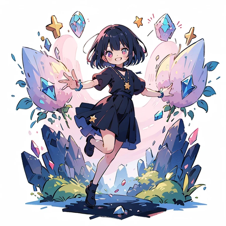 
1 small girl、(masterpiece, highest quality),(Detailed Hair), Super detailed, Anime Style, whole body, Little、cute、whole bodyきぐるみ,  short blue  hair、pink eyes、Digital Painting, 8K High Resolution, whole body, White Background, Dynamic pose, Dynamic composition,  crystal outfit, outfit with crystals, smile, pastel colour, stars, black outfit, fantasy style, black white pink