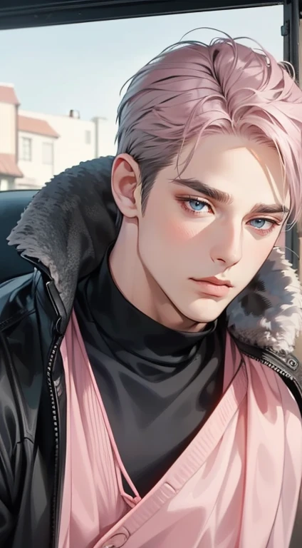 masterpiece, best quality, realistic, 1man, mature male, quiet and charming young man, 35 years old, close his eyes, serious, closed mouth, extremely detailed face, cold, ((dark grey blue eyes)), ((short-right-swept dark grey pink hair)), [thick eyebrows], ((hunter)), accurate, detailed, ((town))