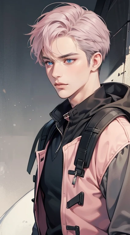 masterpiece, best quality, realistic, 1man, mature male, quiet and charming young man, 35 years old, close his eyes, serious, closed mouth, extremely detailed face, cold, ((dark grey blue eyes)), ((short-right-swept dark grey pink hair)), [thick eyebrows], ((hunter)), accurate, detailed, ((town))