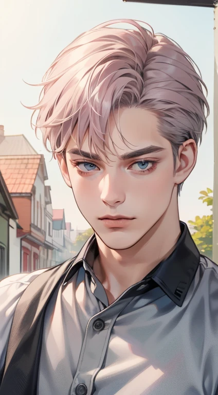 masterpiece, best quality, realistic, 1man, mature male, quiet and charming young man, 35 years old, close his eyes, serious, closed mouth, extremely detailed face, cold, ((dark grey blue eyes)), ((short-right-swept dark grey pink hair)), [thick eyebrows], ((hunter)), accurate, detailed, ((town))