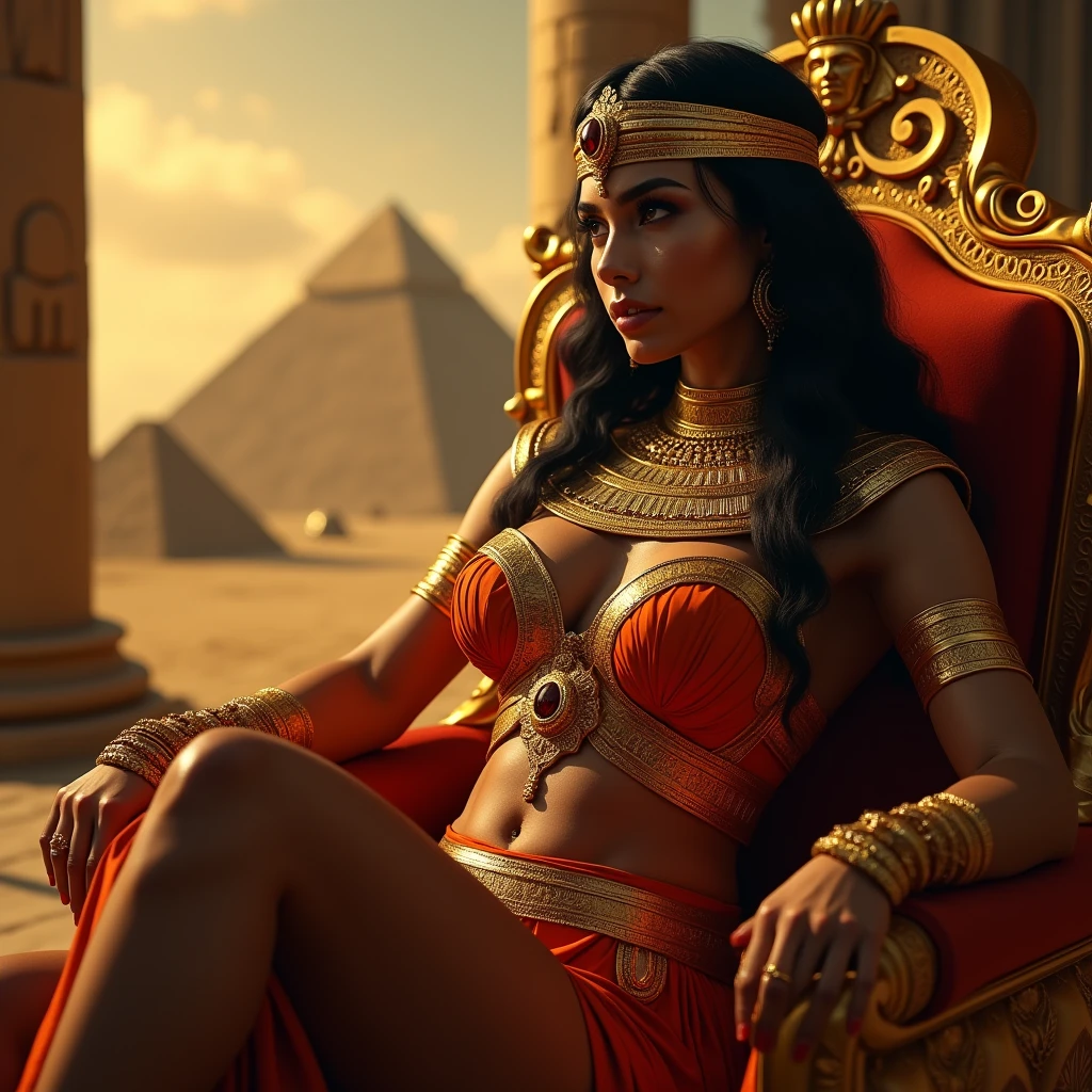 Queen Cleopatra, beautiful detailed woman with perfect curves, big round ass, great bosom, wearing a tight sexy outfit, sitting on a golden throne, pyramids and julius Cäsar in the background, oasis in the desert, dramatic lighting, intricate details, photorealistic, 8k, HDR, highly detailed, vibrant colors, cinematic composition, chiaroscuro lighting, dramatic shadows, warm color tones, professional digital art