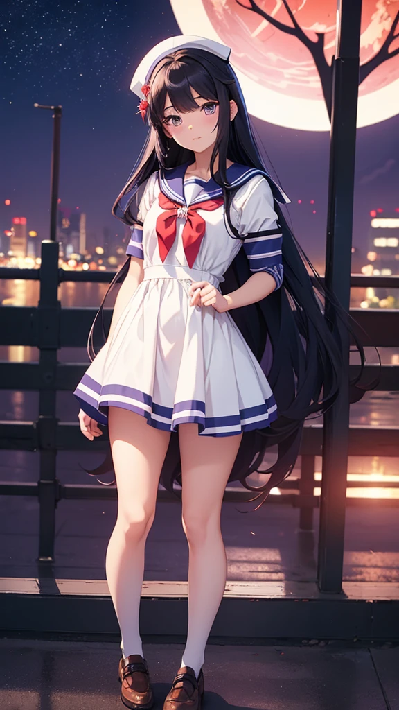 A closeup of a full body age woman wearing a sailor fuku dress and long black hair, king hymn as princess, rumiko, Misato Katsuragi, Gainax anime style, purple eyes and dressed sailor fuku, seductive anime girl, anime goddess, ilya kuvshinov con pelo largo, Ikki tousen, nico in a sailor fuku dress, anime girl wearing a sailor fuku dress