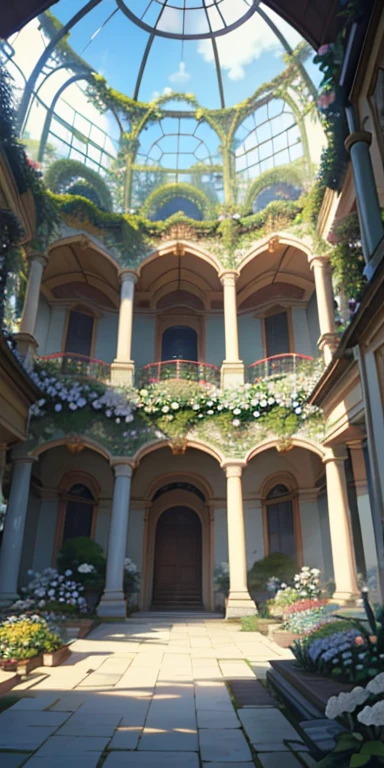 (of the highest quality, masutepiece, A hyper-realistic), Indoor Botanical Garden, dome, Lots of flowers, dense clump of plants, Landscape in the background、A garden where petals and puffs fly around. --v6