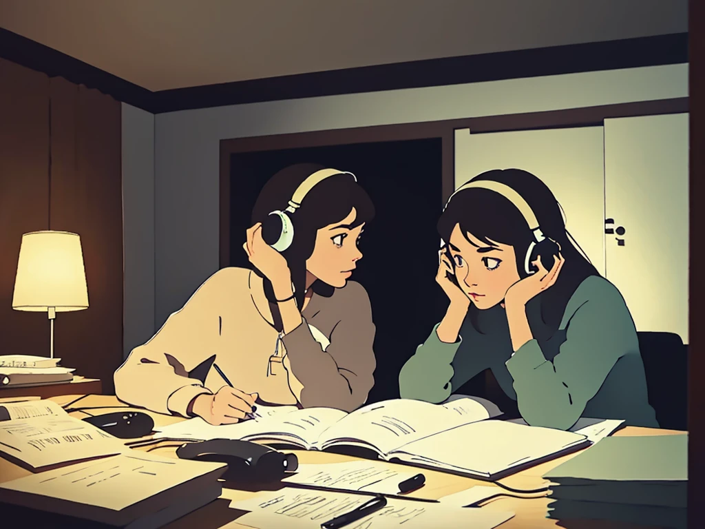 girl studying in her room in the dark with headphones