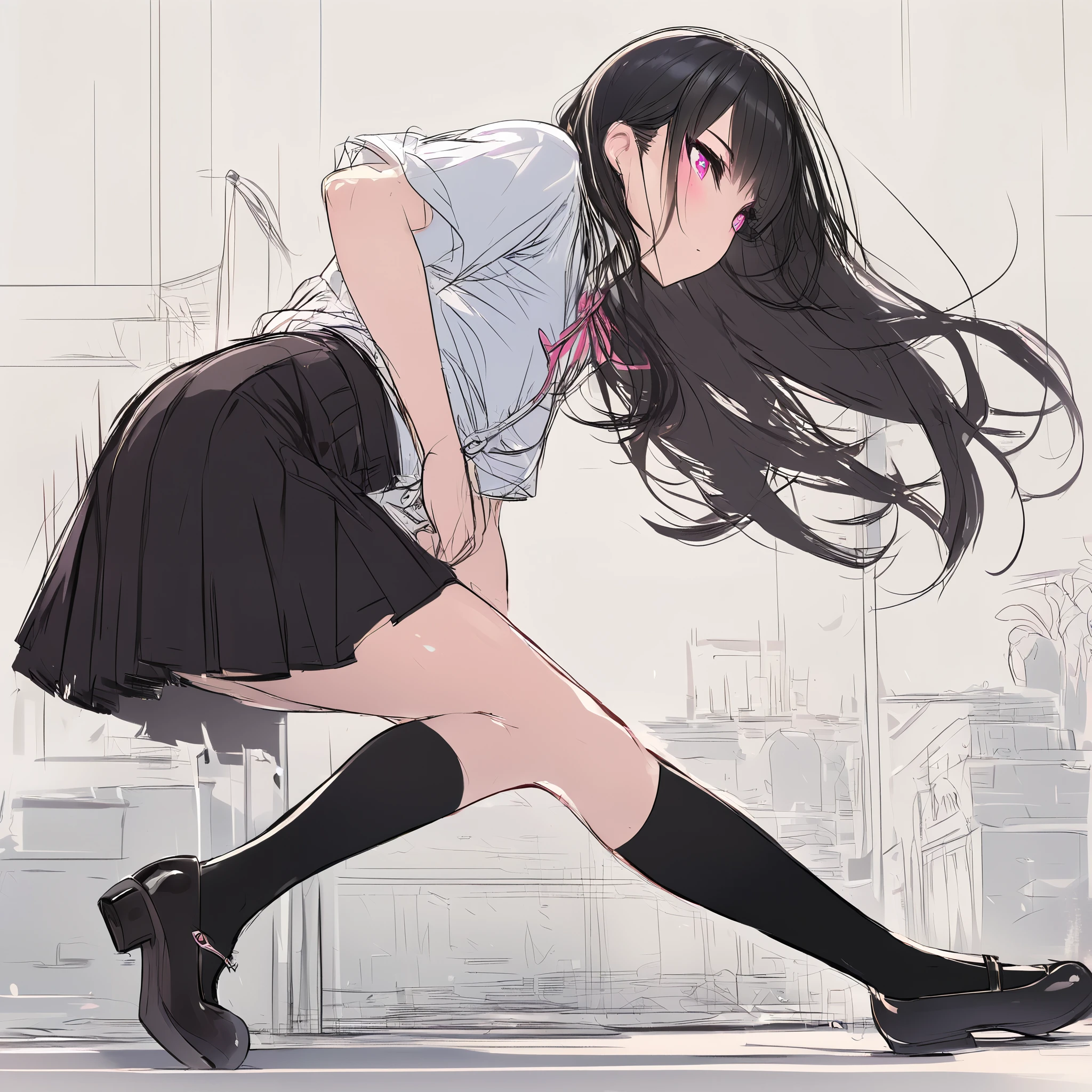  1 girl, Black Hair, long hair , pink shirt, black skirt, ruffled clothes ,