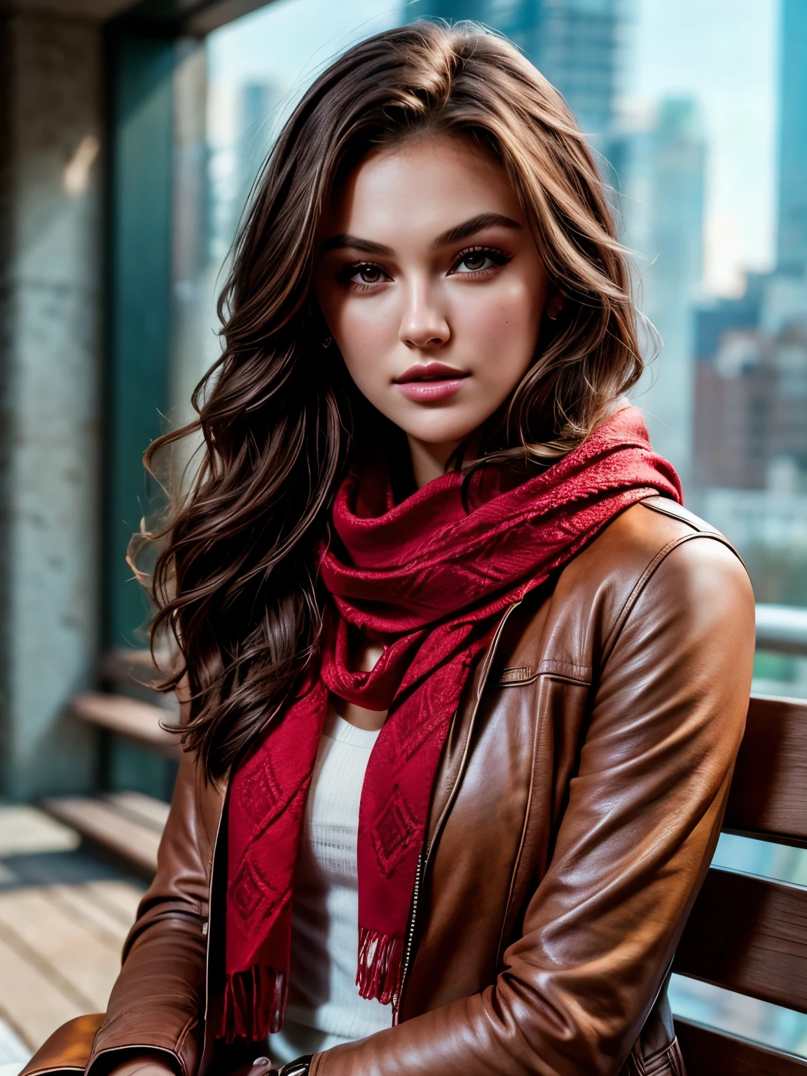 Super Detailed, full body image, gorgeous woman (rachelp1zz0l4tov2), sitting on a bench wearing a scarf and a jacket, red scarf, scarf, wearing a scarf, patterned scarf, athletic fashion photography, professional sports style, red silk scarf, auburn outfit, looking smart, scarf, leather pants, glamorous wavy hair, Perfect anatomy, perfect hair, perfect body, perfect hands, perfect face, UHD, retina, masterpiece, accurate, anatomically correct, textured skin, super detail, high details, high quality, award winning, best quality, highres, 16k, 8k,