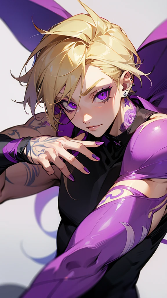 Feminine, blond, guy with purple eyes, tattoos and piercings.