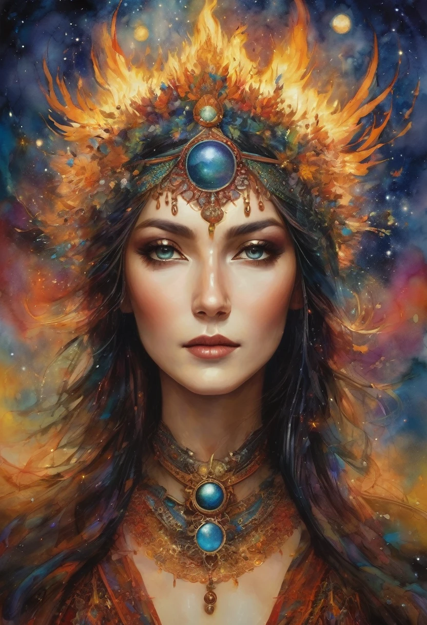 Here is an improved version of your invitation, which pays special attention to the clarity and expressiveness of the images, while maintaining the essence of the original description:
---
**Artistic concept: Mistress of the Copper Mountain**
In a secluded clearing, bathed in the soft light of ancient torches, stands a charming and beautiful shamaness, personifying a mystical presence. Inspired by Vasnetsov's artistic styles, she is depicted in a revered, unearthly appearance, radiating power and charm. When she casts intricate spells to the rhythmic beat of tambourines, her piercing gaze seems to penetrate deep into the soul, revealing hidden desires and cosmic secrets.
A watercolor painting should carefully outline the contours of her ancient medallion, which emits a protective, mystical light that drives away darkness. A mesmerizing flame dance is ignited around her, creating a tense and mysterious atmosphere. Twinkling lights are reflected in her charming eyes, resembling stars scattered across the boundless night sky.
Are you ready to enter this mystical realm and uncover the deep secrets of shamanic magic?
---
Feel free to change any elements to better match your vision!