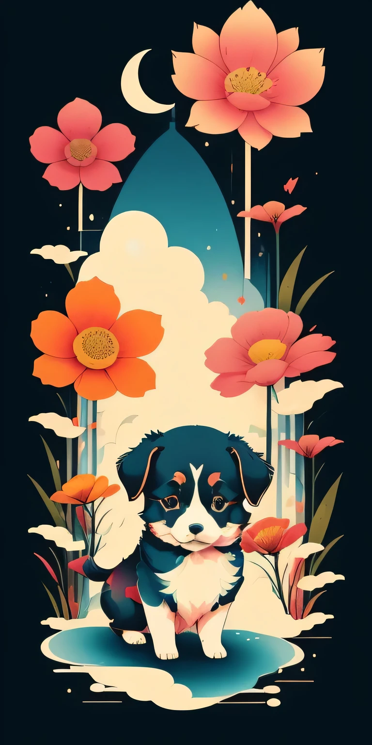 (work of art, best qualityer: 1.2), Shukizuma, negative space, shuimobysim, ink painting, colorful colors, traditional chinese, cute puppy playing with flowers, peaceful, (ssmile), Looking at the scenes, color saturation, shiny colors