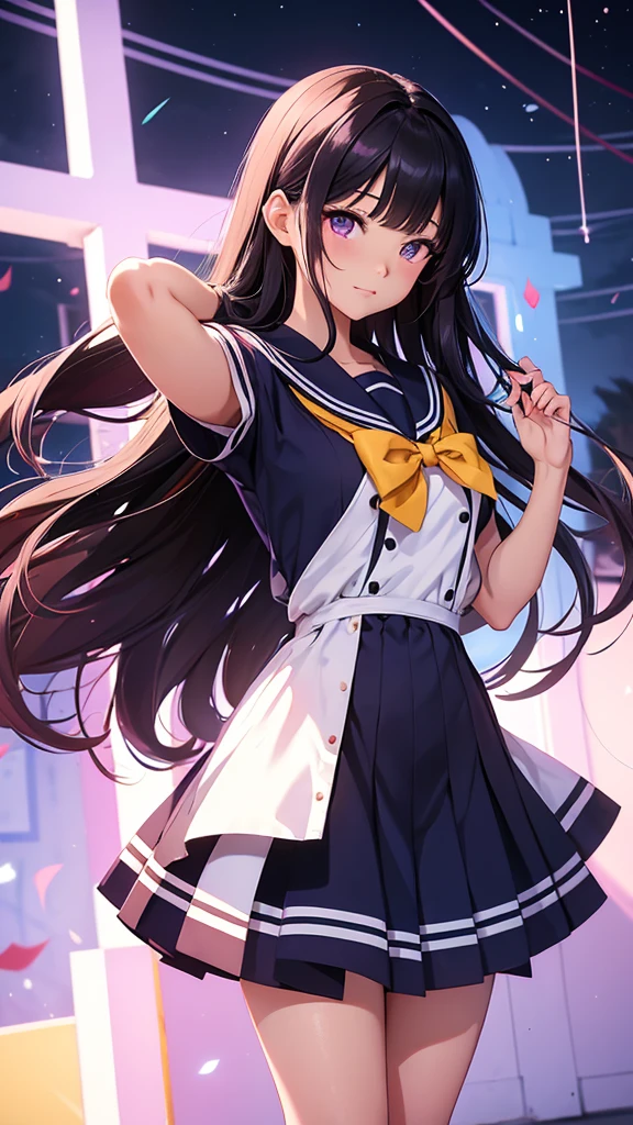 A closeup of a full body adult woman wearing a sailor fuku dress and long black hair, king hymn as princess, rumiko, Misato Katsuragi, Gainax anime style, purple eyes and dressed sailor fuku, seductive anime girl, anime goddess, ilya kuvshinov con pelo largo, Ikki tousen, nico in a sailor fuku dress, anime girl wearing a sailor fuku dress
