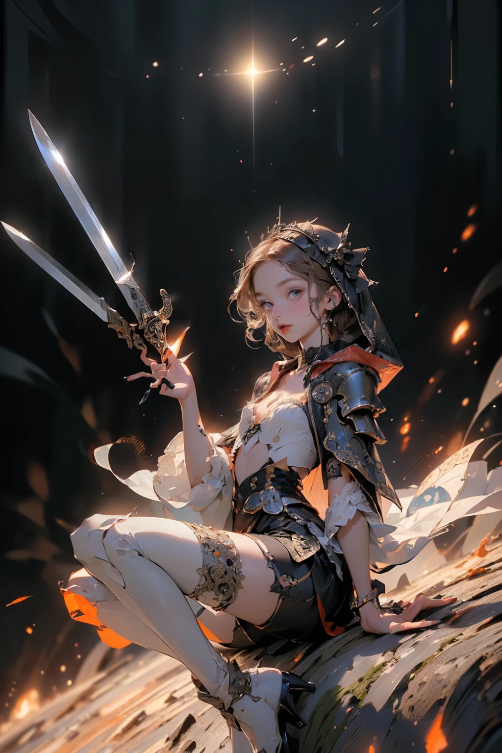(((masterpiece, of the highest quality, super detailed))), (a female knight of an occult order), ((((a sword with a digital glitch-like effect to the blade as though it is rapidly flickering in and out of reality, with a very slight warping effect around it similar to gravitational lensing, is floating next to her)))), Edwardian/Victorian era inspired, ((minimal but intricate beautiful armour)), Fluttering lace flared dress with frilly petticoats, ((((Highly detailed face))), (((Very sharp focused eyes))), very long eyelashes, small breasts, (((flat chest:1.1))), occult aesthetic, (red and white clothing detailed and intricate steampunk and detailed gothic), (with a hood), complex lace boots